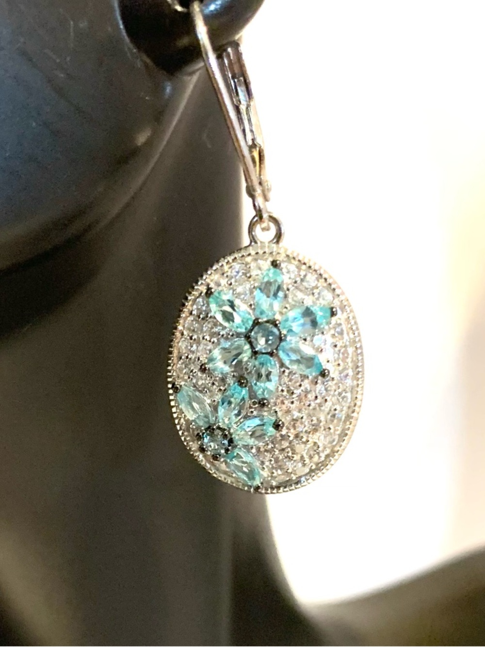 STERLING SILVER 925 GENUINE APATITE & ZIRCON FLORAL LEVER BACK EARRINGS